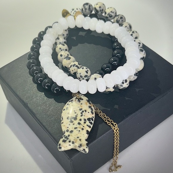 Jewelry - Faith Fish Natural Stone 3 Bracelet Set w Dalmatian Fish